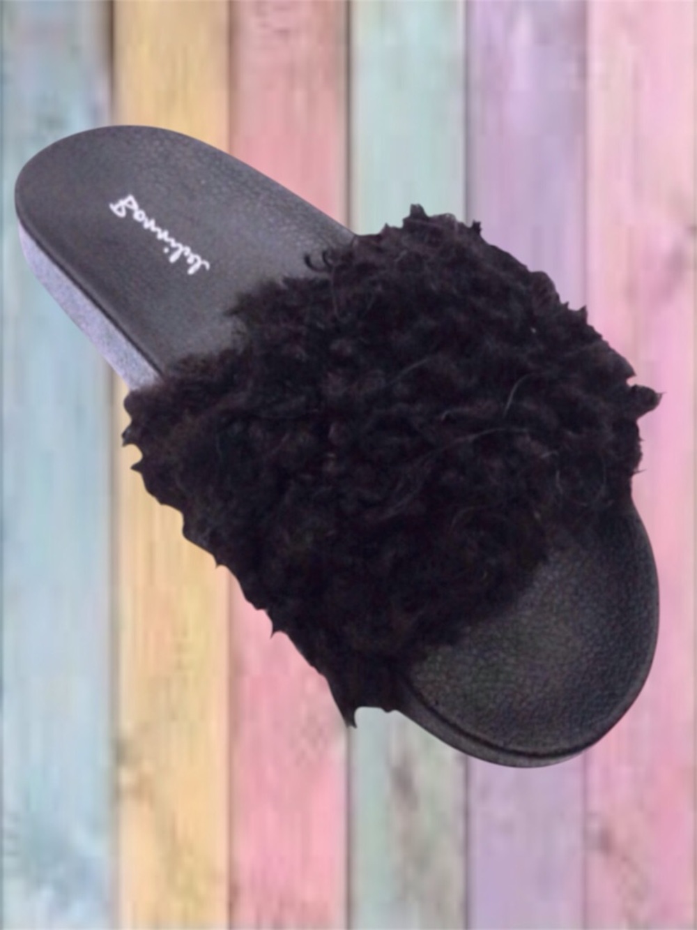Bonnibel Black Fuzzy Faux Fur Non-Slip Slides Shoes NEW